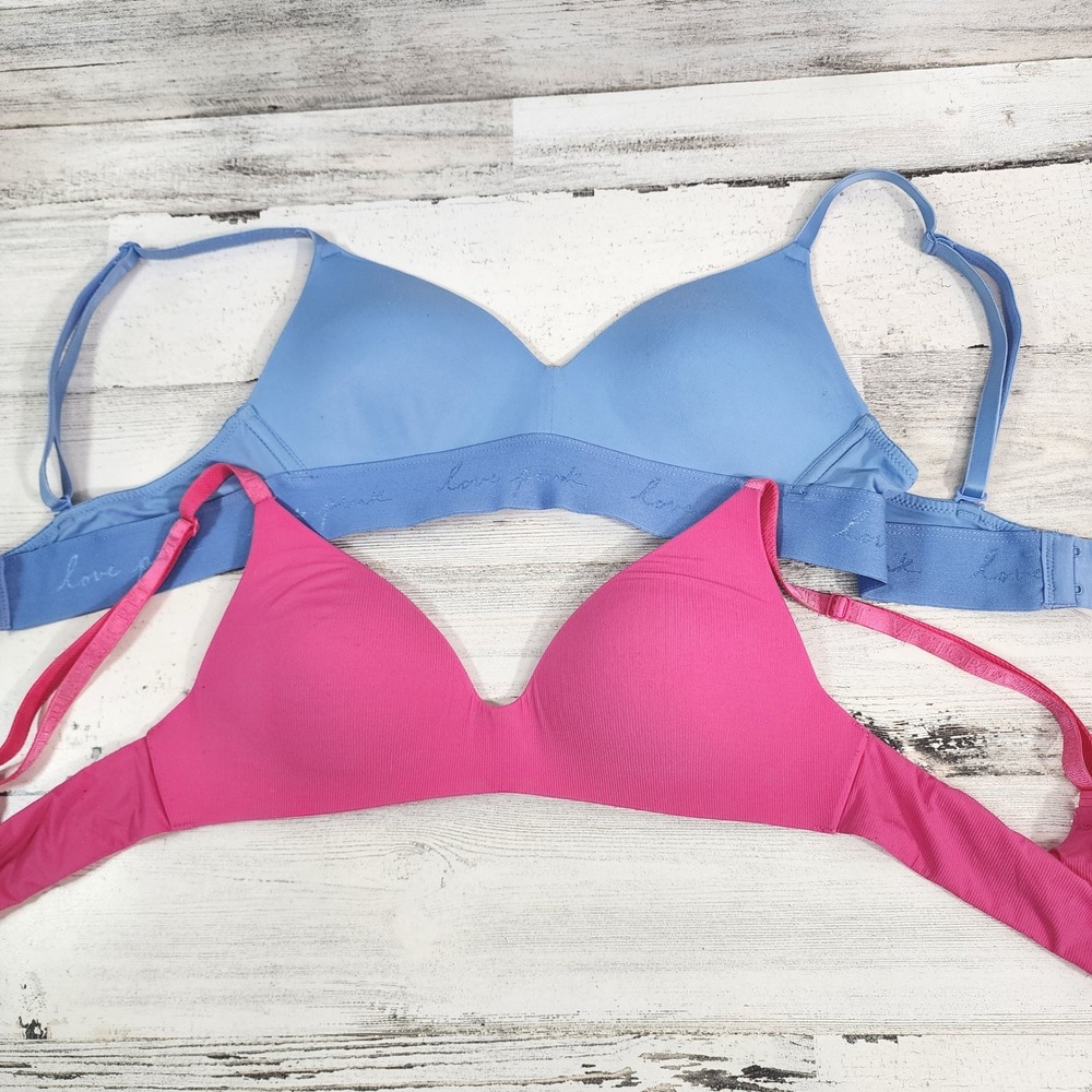 Pink Wireless Bra Set Women 32A Blue Pink Logo Band Ribbed T-Shirt Everyday